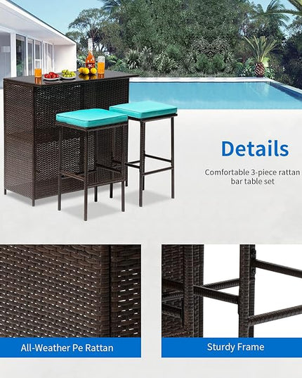FDW 3PCS Patio Bar Set Outdoor Furniture Set Wicker Bistro Set with Two Stools for Patio Backyard Balcony,Blue Cushion - LeafyLoom