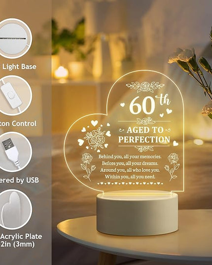 60th Birthday Gifts for Women, 60th Birthday Decorations for Woman -Night Light, 60 Year Old Gifts for Women, Gifts for Women Turning 60, 60th Birthday Gift Ideas - LeafyLoom