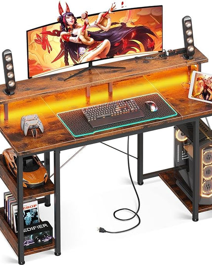 ODK 48 inch Gaming Desk with LED Lights & Power Outlets, Computer Desk with Monitor Stand & Storage Sheves, CPU Stand, Home Office Desk, Vintage - LeafyLoom