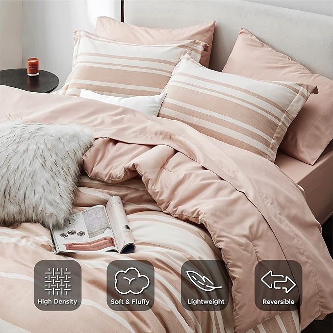 Bedsure Bed in a Bag King Size 7 Pieces, Dusty Pink White Striped Bedding Comforter Sets All Season Bed Set, 2 Pillow Shams, Flat Sheet, Fitted Sheet and 2 Pillowcases - LeafyLoom
