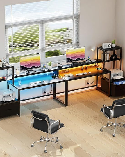 GreenForest Computer Desk with Drawer and Printer Shelf, 68.8 inch Gaming Desk with LED Lights and Power Outlets, Home Office Desk with Storage for Study Writing Working,Black - LeafyLoom
