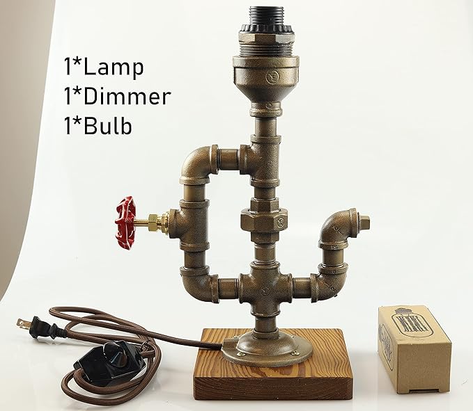 Steampunk Lamp with Dimmer, Dimmable Loft Style Industrial Vintage Antique Style Light with Bulb, Wood Base with Iron Piping Desk Lamp, Retro Desk Lamp LL-034 - LeafyLoom