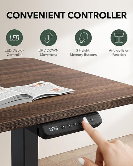 FEZIBO 63" L Shaped Standing Desk Height Adjustable, Electric Stand up Corner Desk, Sit Stand Home Office Desk with Splice Board, Black Frame/Black Walnut Top - LeafyLoom