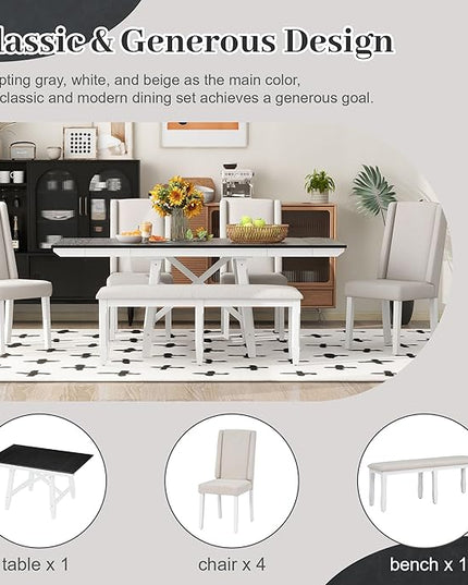 6-Piece Wooden Extendable Dining Table Set with two 12" W Removable Leaves and 4 Upholstered Chairs & 1 Bench for Kitchen Room, White+Black - LeafyLoom