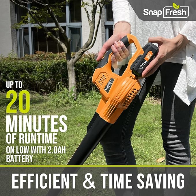 SnapFresh Cordless Leaf Blower - 20V Electric Leaf Blower with 2.0 Ah Battery and Charger - Lightweight 2-Speed Leaf Blower for Lawn Care and Yard/Garden/Patio Cleaning (Orange) - LeafyLoom