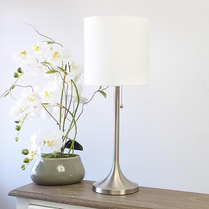 Simple Designs LT1076-BNW Tapered Fabric Drum Shade Table Lamp, Brushed Nickel and White - (Pack of 4) - LeafyLoom