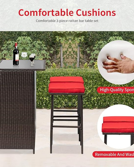 FDW Outdoor Furniture Set Wicker Bistro Set 3PCS Patio Bar Set with Two Stools for Patio Backyard Balcony,Red Cushion - LeafyLoom