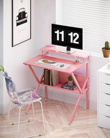 ODK Small Desk, 27.5 Inch Small Computer Desk for Small Spaces, Compact Desk with Storage, Tiny Desk Study Desk with Monitor Stand for Home Office, Pink - LeafyLoom