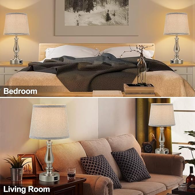 Nightstand Table Lamps for Bedroom Set of 2, Touch Bedside Lamps with Dual USB Ports, 3 Way Dimmable Bedroom Lamps for End Tables, Modern Night Stand Lamps for Living Room Guest Room - LeafyLoom
