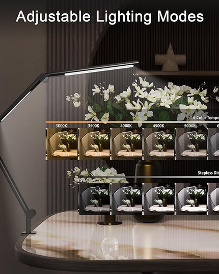 LED Desk Lamp with Clamp, Adjustable Swing Arm, Dual Light Sources, Stepless Dimming, Modern Table Light for Home Office, Work, Study, Flexible, Eye-Caring Clip-on Desk Light - LeafyLoom