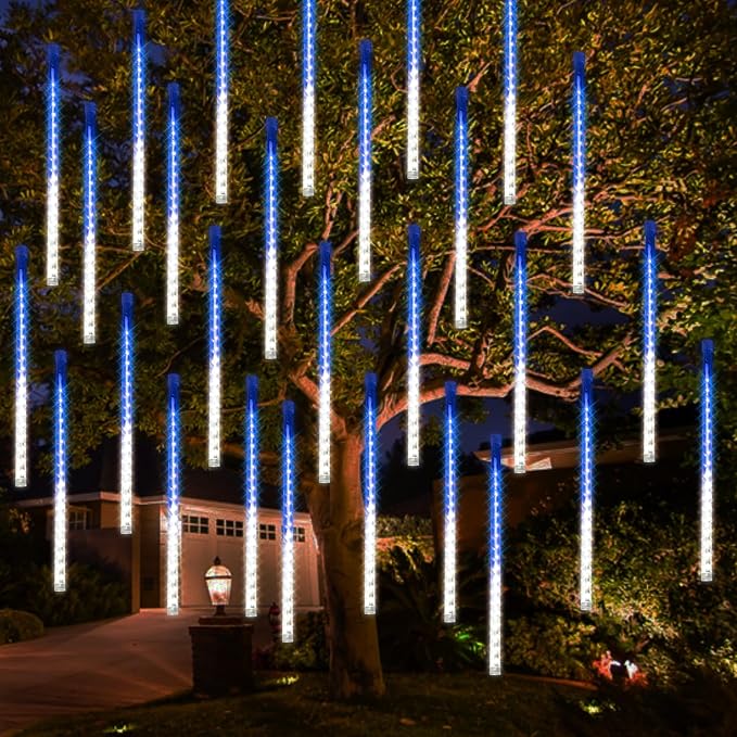 Dazzle Bright 288 LED Christmas Light, 11.8 Inch Meteor Shower Rain Lights with 8 Tubes,Waterproof Plug in Falling Rain Lights Christmas Decorations for Xmas Bushes Tree Yard Party, Blue and White DazzleBright