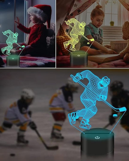 Hockey Night Light, Ice Hockey Player 3D Illusion Lamp for Boys Room Decor with Remote + Touch 16 Colors Flashing Changing Desk Lamps for Kids Sport Fans Birthday Xmas Cool Gifts - LeafyLoom