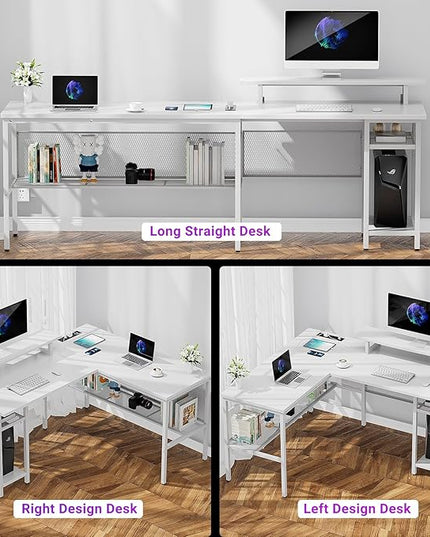 L Shaped Desk, 55 Inch Reversible Computer Desk with Magic Power Outlet and Cool LED Light, Sturdy Corner Office Desk with Ergonomic Monitor Stand, Gaming Table, Attractive Grid Design, White - LeafyLoom