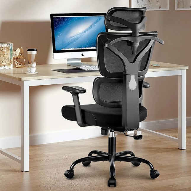 Office Chair Ergonomic Desk Chair, High Back Gaming Chair, Big and Tall Reclining chair Comfy Home Office Desk Chair Lumbar Support Breathable Mesh Computer Chair Adjustable Armrests (Black) - LeafyLoom
