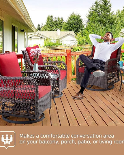 IDEALHOUSE 3 Pieces Outdoor Wicker Swivel Rocker Patio Set, 360-Degree Swivel Rocking Chair Elegant Wicker Patio Bistro Set with Tempered Glass Top Side Table (Red) - LeafyLoom