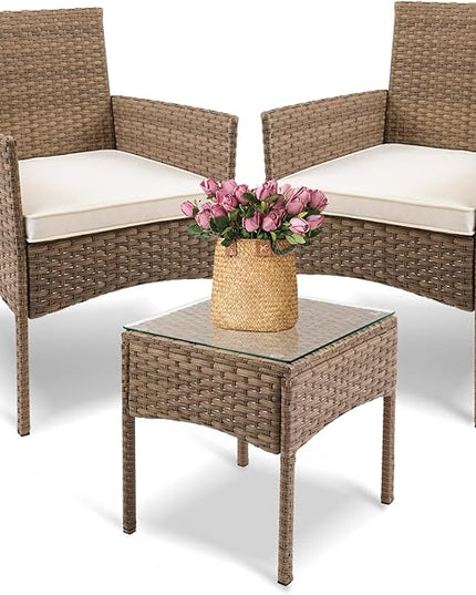 YIYAN 3 Pieces Patio Bistro Set Outdoor Wicker Furniture Outdoor Porch PE Rattan Wicker Chairs Furniture Sets with Sofa Chairs,Glass Coffee Table and White Washable Cushion - LeafyLoom