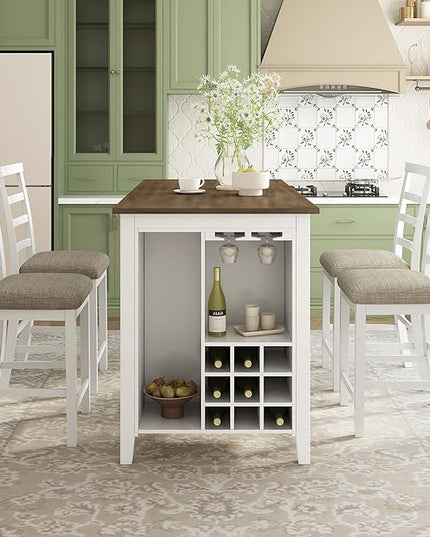 RITSU Modern 5-Piece Dining Set, Multi-Functional Counter Height Dinette Suit with Padded Chairs and Integrated 9 Bar Wine Compartment, Wineglass Holders for Home Kitchen, Brown+White Wash - LeafyLoom