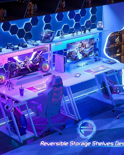 Gaming Computer Desk with Storage Shelves & Z-Shaped Legs, White Gaming Desk with Hutch and LED Lights, Reversible PC Gaming Desk with Pegboard for Bedroom & Small Spaces, Carbon Fiber Surface, 47'' - LeafyLoom