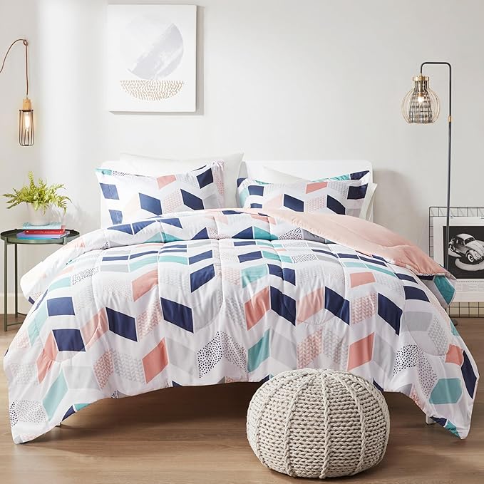Comfort Spaces Kylar Cozy Comforter Set, Vibrant Chevron Ruching Design with Solid Reverse, All Season Down Alternative Bedding with Matching Sham, Twin/Twin XL (66 in x 90 in), Multi/Blush 2 Piece - LeafyLoom