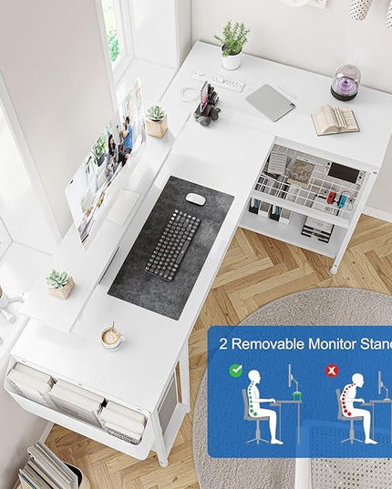 L Shaped Computer Desk with Power Outlets & LED Light, 49.6" Reversible Corner Computer Desk with Storage Shelves & Monitor Stand, Home Office Desk, Gaming Desk, Writing Desk (White) - LeafyLoom