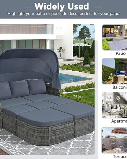 Rectangle Furniture Daybed Sunbed with Retractable Canopy, Outdoor Wicker Conversation Set with Cushions for Patio, Backyard, Porch, Garden, Onesize, Hb-Gray - LeafyLoom