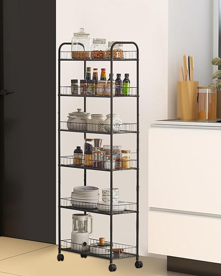 6-Tier Slim Rolling Cart,Narrow Shelving,Kitchens, Bathroom, Garages, Laundry rooms, Offices,10" D x 22.8" W x 61" H - LeafyLoom