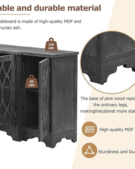 58" Retro Sideboard Glass Door with Curved Line Design,Wood Ample Storage Cabinet,W/Black Handle and Three Adjustable Shelves,for Dining Living Room Entryway - LeafyLoom