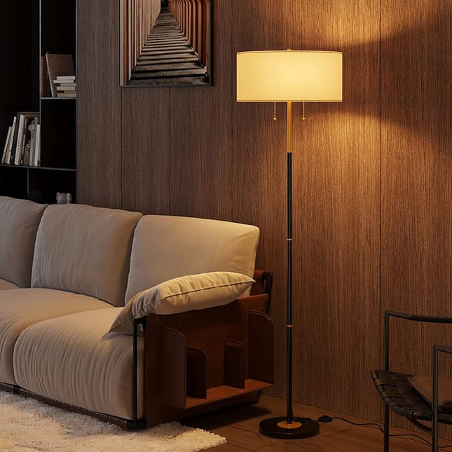 2-Light Floor Lamp, Mid Century Floor Lamp with White Fabric Shade, Standing Lamp Tall Lamp for Living Room Bedroom, 3 Color Temperatures 9W Bulb Include - LeafyLoom