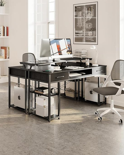ODK Computer Desk with Drawers & Power Outlet, 48 Inch Office Desk with Keyboard Tray & Storage Shelves & PC Stand, Office Table Work Desk with Monitor Stand, Black - LeafyLoom