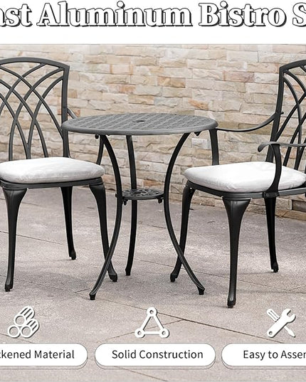 3 Piece Patio Bistro Set with Cushions, Outdoor Bistro Table and Chairs Set of 2 with Umbrella Holes, All Weather Bistro Table Set for Garden Porch Pools - LeafyLoom
