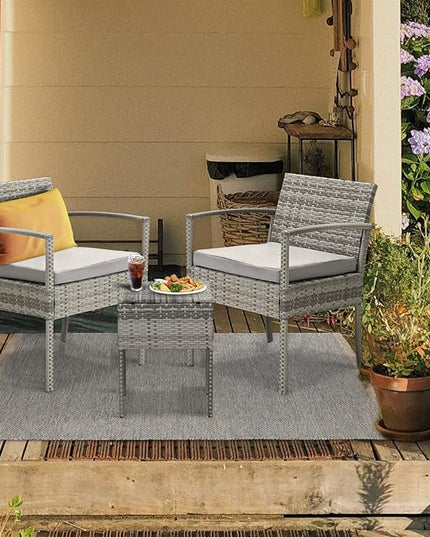 3 Pieces Patio Furniture Set, Balcony Furniture, Patio Bistro Set All-Weather Wicker Chairs Conversation Set with Cushions Table for Outdoor Backyard Porch Lawn (Grey-Grey) - LeafyLoom
