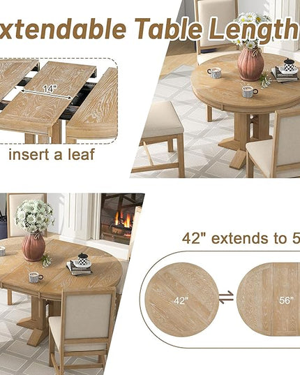 RITSU Farmhouse 5-Piece Dining Set, Included Retro Extendable Round Table with X-Shape Base and 4 Upholstered Chairs, Solid Wood Adjustable Dinette Furniture for Kitchen Living Room, Natural, 1 - LeafyLoom