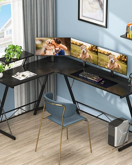 Mr IRONSTONE 63" L Shaped Computer Desk, Corner Desk, Home Office Desk, Gaming Writing Workstation with Large Monitor Stand, Easy to Assemble, Black Willow - LeafyLoom