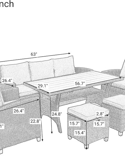 6-Piece Patio Furniture Set with Dining Table, Outdoor Garden Sectional Sofa, All-Weather Wicker Conversation Couch with Chairs, Stools and Cushions, Onesize, Gray Rattan - LeafyLoom