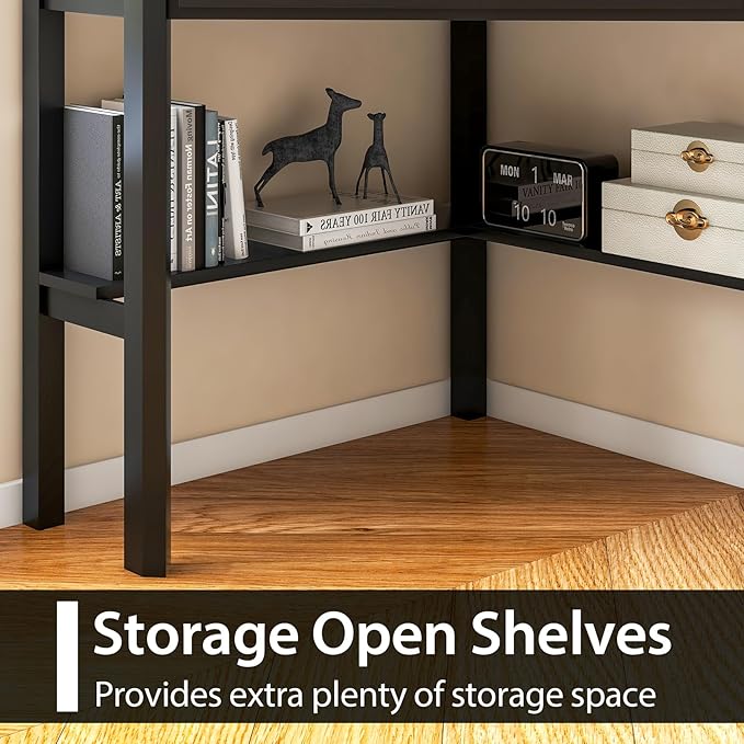 Nightcore Small, Wood Computer Desk, Compact Writing w/Drawer & Storage Shelves, Space Saving Study Workstation, Laptop PC Corner Table, Black - LeafyLoom