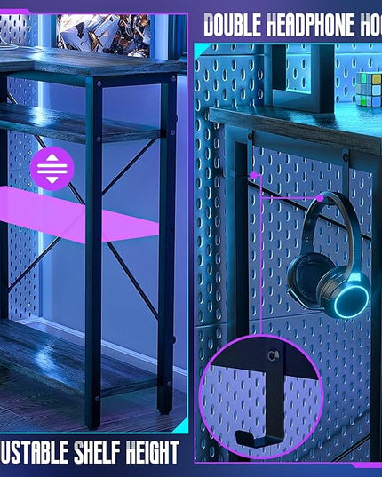 Homieasy L Shaped Gaming Desk with Power Outlet & LED Light, 47 Inch Computer Desk with Storage Shelves, Reversible Corner Desk with Monitor Stand Headset Hooks for Home Office, Black Oak - LeafyLoom