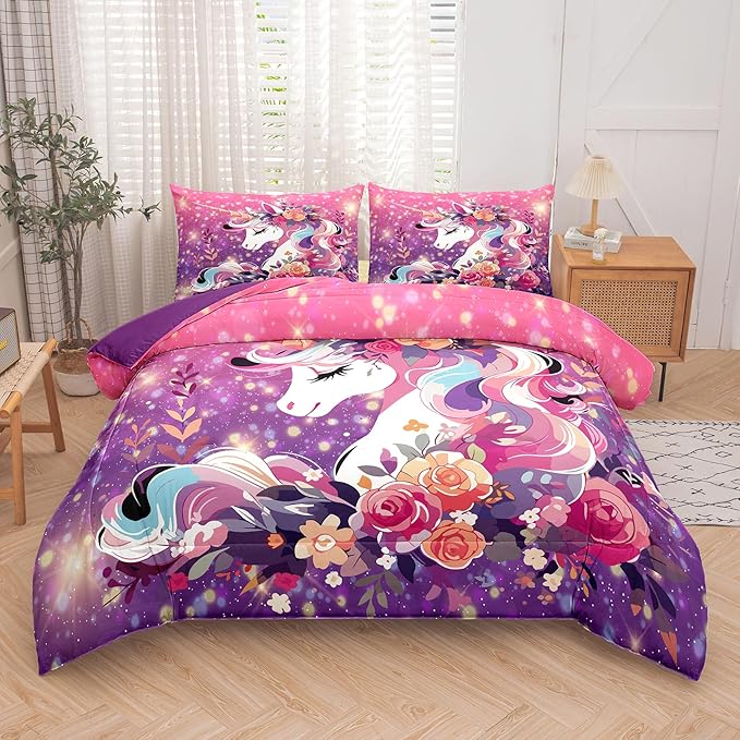 Tailor Shop Unicorn Bedding Twin Size 5 Pieces Unicorn Comforter Bed in a Bag for Girls/Kids Pink Comforter Set for Kids Girls Unicorn Sheets Room Decor… - LeafyLoom