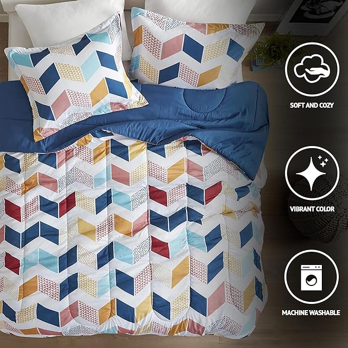 Comfort Spaces Kylar Cozy Comforter Set, Vibrant Chevron Ruching Design with Solid Reverse, All Season Down Alternative Bedding with Matching Sham, Twin/Twin XL (66 in x 90 in), Multi/Aqua 2 Piece - LeafyLoom