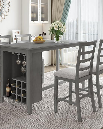 RITSU Modern 5-Piece Dining Set, Multi-Functional Counter Height Dinette Suit with Padded Chairs and Integrated 9 Bar Wine Compartment, Wineglass Holders for Home Kitchen, Gray-1 - LeafyLoom