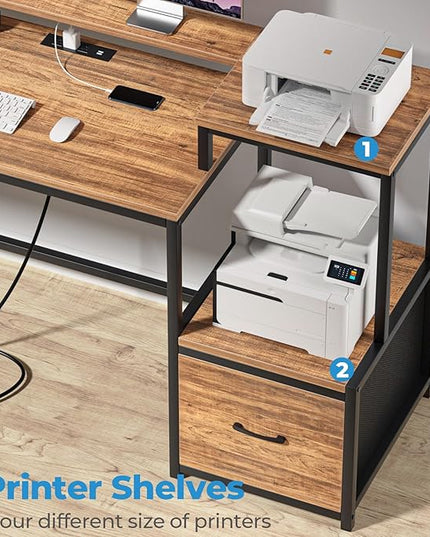 GreenForest 69 inch L Shaped Computer Desk with Drawers and Printer Stand, Gaming Desk with Power Outlet, Monitor Shelf, Storage Shelves and Hooks for Home Office Working, Writing, Studying, Walnut - LeafyLoom