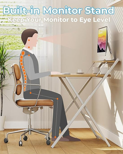 GreenForest Folding Desk No Assembly Required Small Size, 2-Tier Foldable Computer Desk with Shelf for Home Office, Space Saving Portable Laptop Study Foldable Table for Small Spaces, Oak - LeafyLoom