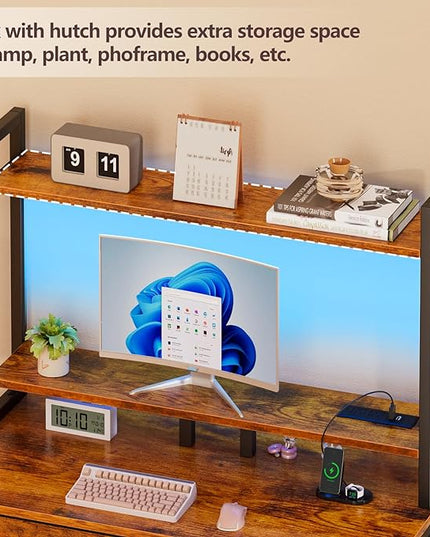 Furologee Small Computer Desk with Power Outlet and 2 Fabric Drawers, Gaming Desk with Light, Home Office Desk with Monitor Stand and Hutch for Small Space Working, Study Table with Shelf Rustic Brown - LeafyLoom
