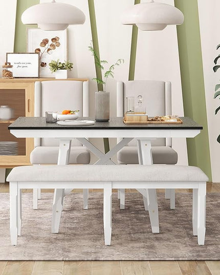 RITSU SONGG Farmhouse 6-Piece Dining Set, Included Solid Wood Rectangular Extendable Table with Two 12" W Removable Leaves and 4 Upholstered Chairs & a Bench, Home Kitchen Furniture, White+Black - LeafyLoom