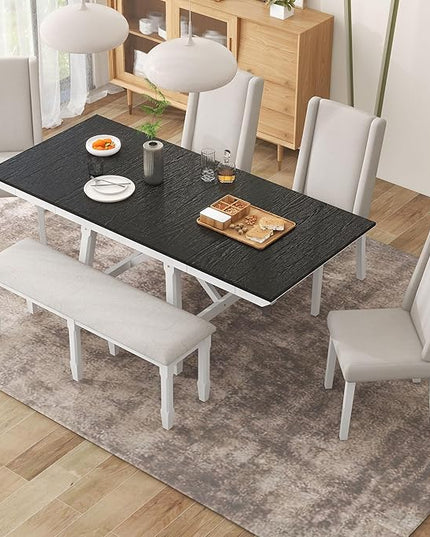RITSU SONGG Farmhouse 6-Piece Dining Set, Included Solid Wood Rectangular Extendable Table with Two 12" W Removable Leaves and 4 Upholstered Chairs & a Bench, Home Kitchen Furniture, White+Black - LeafyLoom