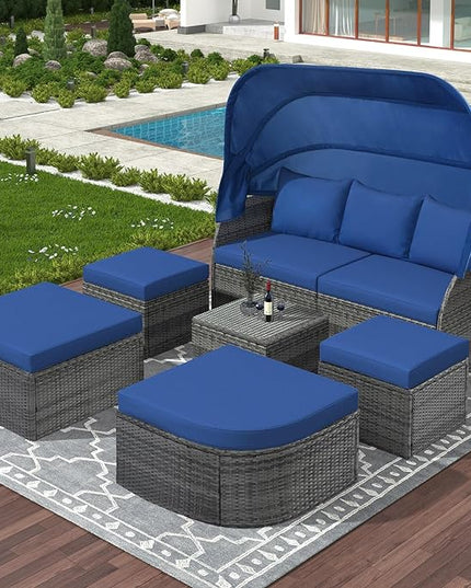 Rectangle Furniture Daybed Sunbed with Retractable Canopy, Outdoor Wicker Conversation Set with Cushions for Patio, Backyard, Porch, Garden, Onesize, Bb-Blue - LeafyLoom