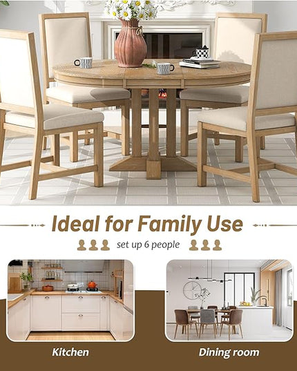 RITSU Farmhouse 5-Piece Dining Set, Included Retro Extendable Round Table with X-Shape Base and 4 Upholstered Chairs, Solid Wood Adjustable Dinette Furniture for Kitchen Living Room, Natural, 1 - LeafyLoom