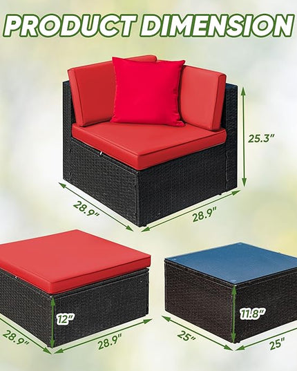 Greesum 3 Piece Patio Conversation Set Wicker Rattan Furniture Outdoor Sofa with Cushions,Pillows & Glass Table for Porch,Lawn and Yard, Red - LeafyLoom