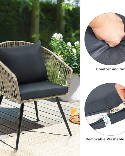 YITAHOME 3-Piece Outdoor Patio Furniture Wicker Bistro Set, All-Weather Rattan Conversation Chairs for Backyard, Balcony and Deck with Soft Cushions, Glass Side Table, Gray Rattan - LeafyLoom