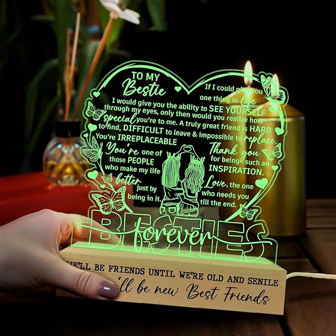 Gifts for Best Friend Women 3D Illusion Lamp, Besties Forever Acrylic Night Light, Best Friend Birthday Gifts for Women, Long Distance Friendship Gift for Her Bestie Soul Sister BFF Coworker - LeafyLoom