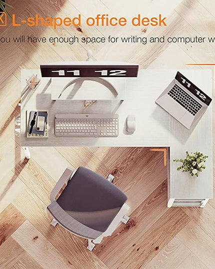 ODK 47 Inch Small L Shaped Computer Desk with Reversible Storage Shelves, L-shaped Corner Desk with Monitor Stand for Small Space, Modern Simple Writing Table for Home Office Workstation, White - LeafyLoom